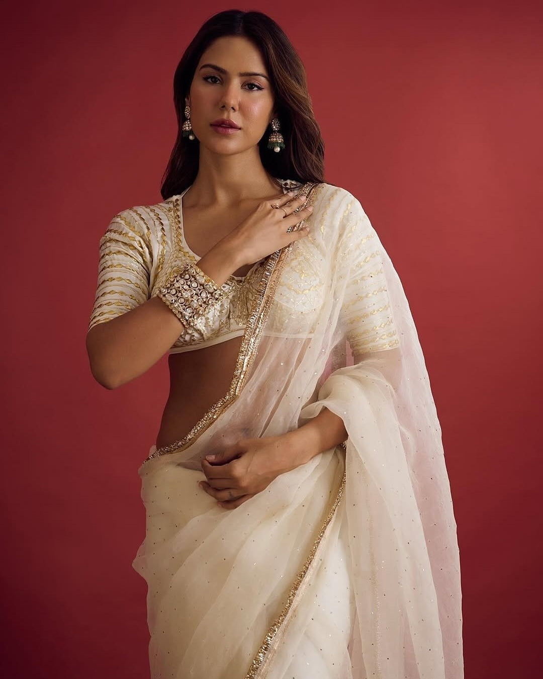 Sonam Bajwa Inspired Saree with Original Hand Charkhi Gotta Patti & Sequin Work | Fully Stitched Blouse