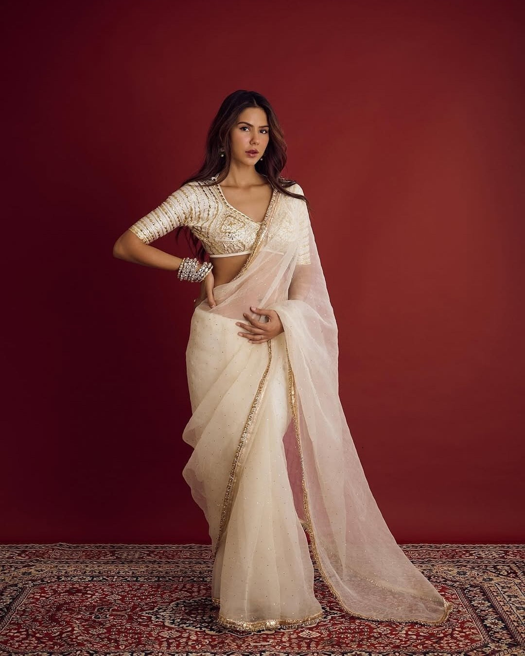 Sonam Bajwa Inspired Saree with Original Hand Charkhi Gotta Patti & Sequin Work | Fully Stitched Blouse
