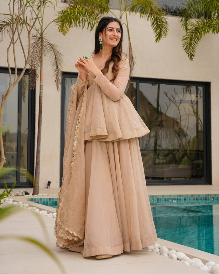 Chiku Colour Organza Kediya Style Dress | Festive & Traditional Wear
