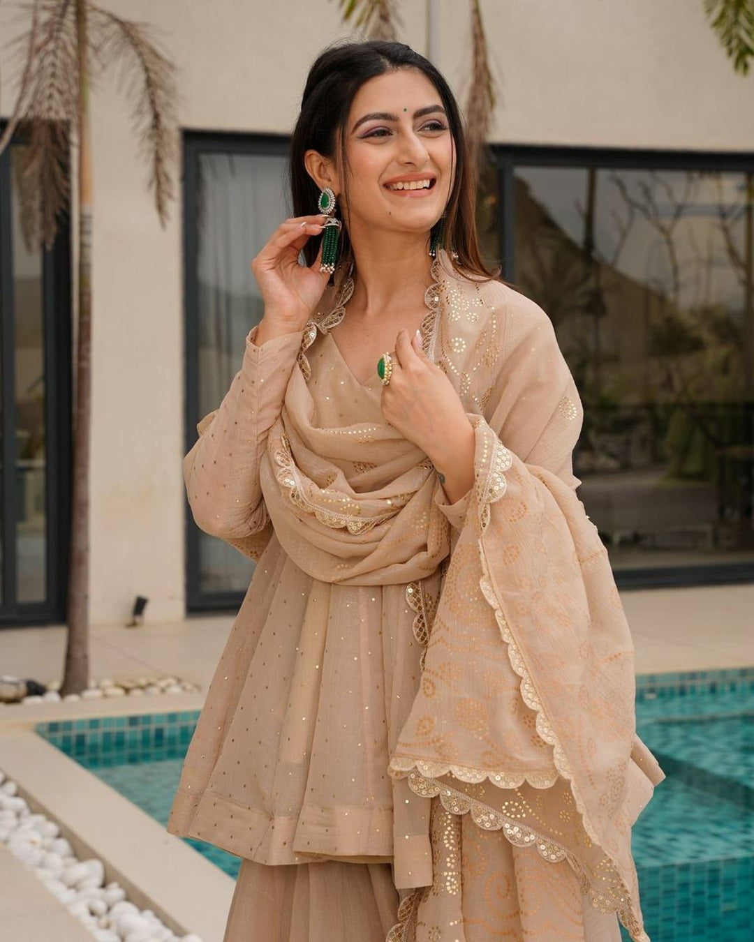 Chiku Colour Organza Kediya Style Dress | Festive & Traditional Wear