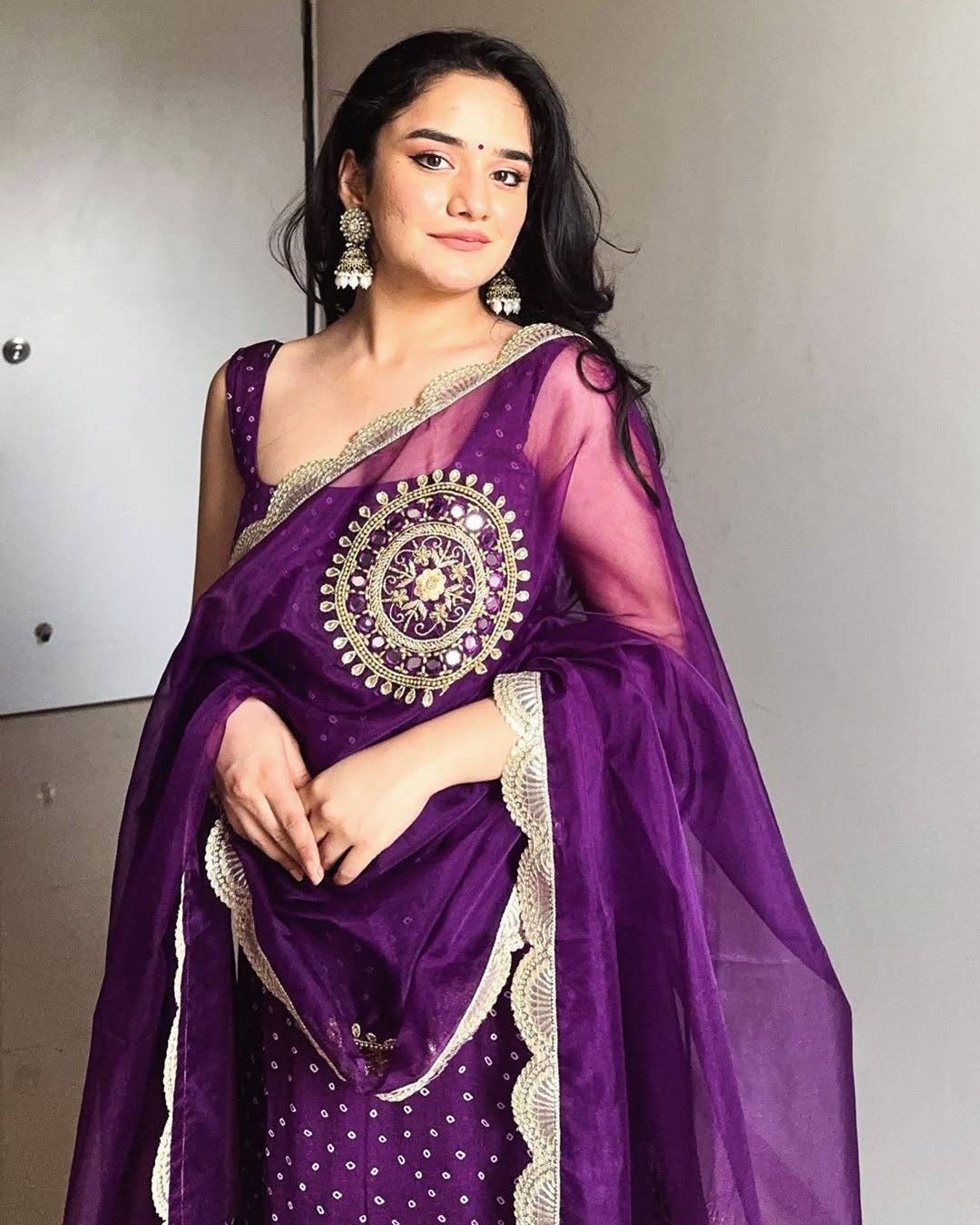 Purple Georgette Kurti Chudidar Dupatta Set – Embroidery, Pearl Moti & Real Mirror Handwork (3 Pieces)