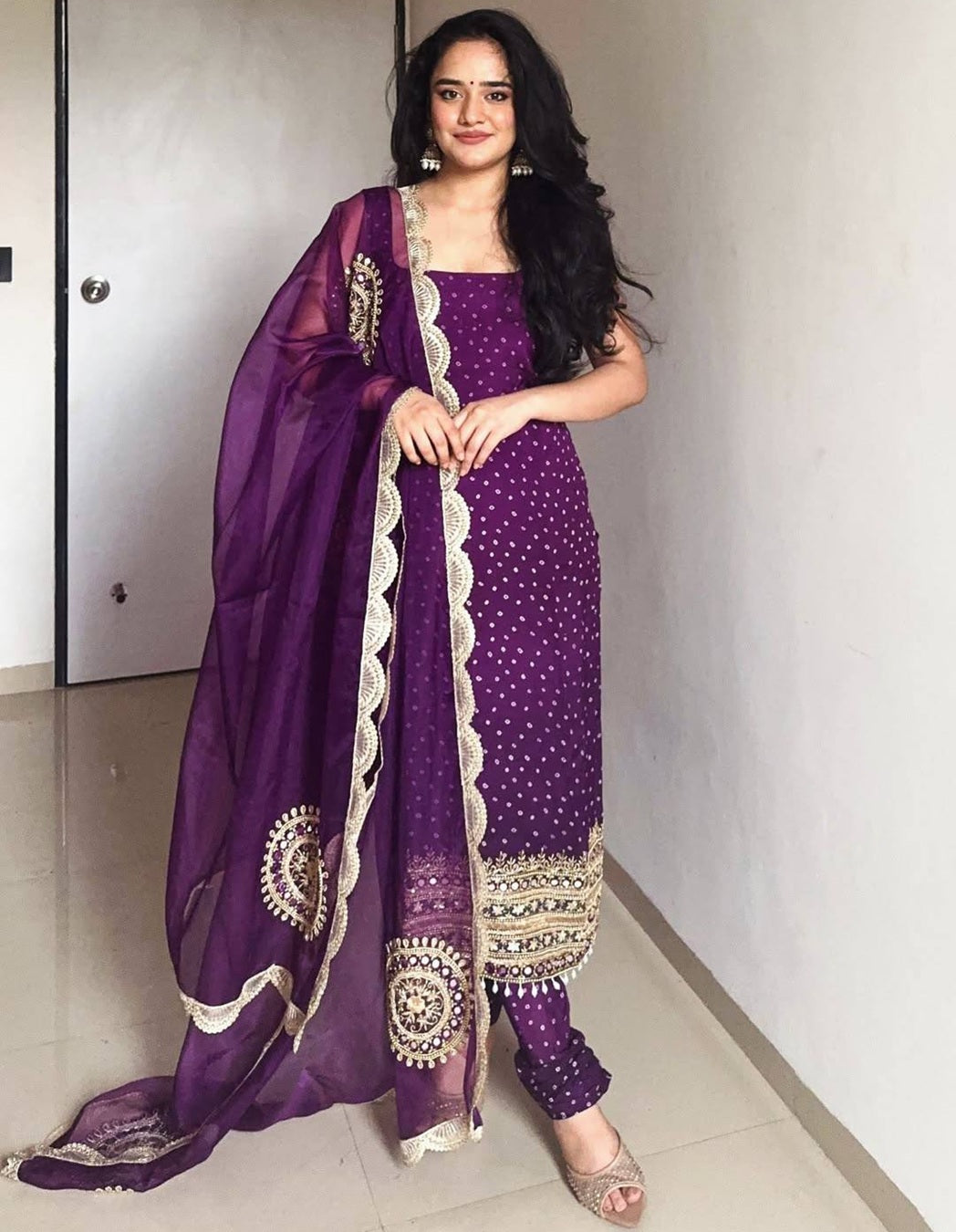 Purple Georgette Kurti Chudidar Dupatta Set – Embroidery, Pearl Moti & Real Mirror Handwork (3 Pieces)