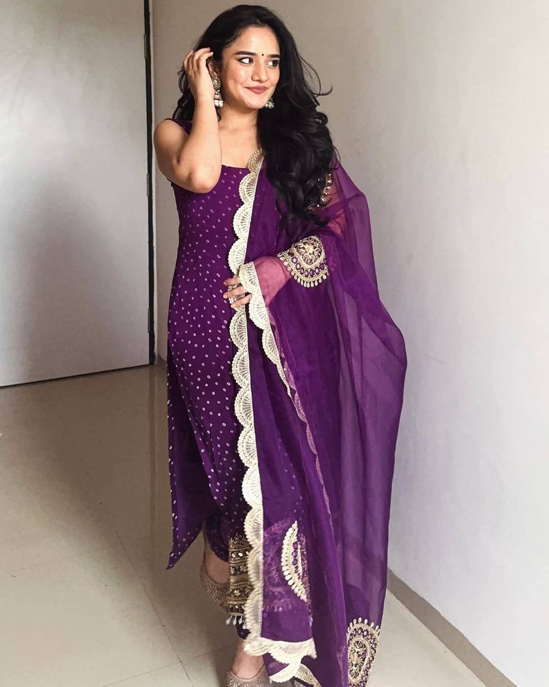 Purple Georgette Kurti Chudidar Dupatta Set – Embroidery, Pearl Moti & Real Mirror Handwork (3 Pieces)