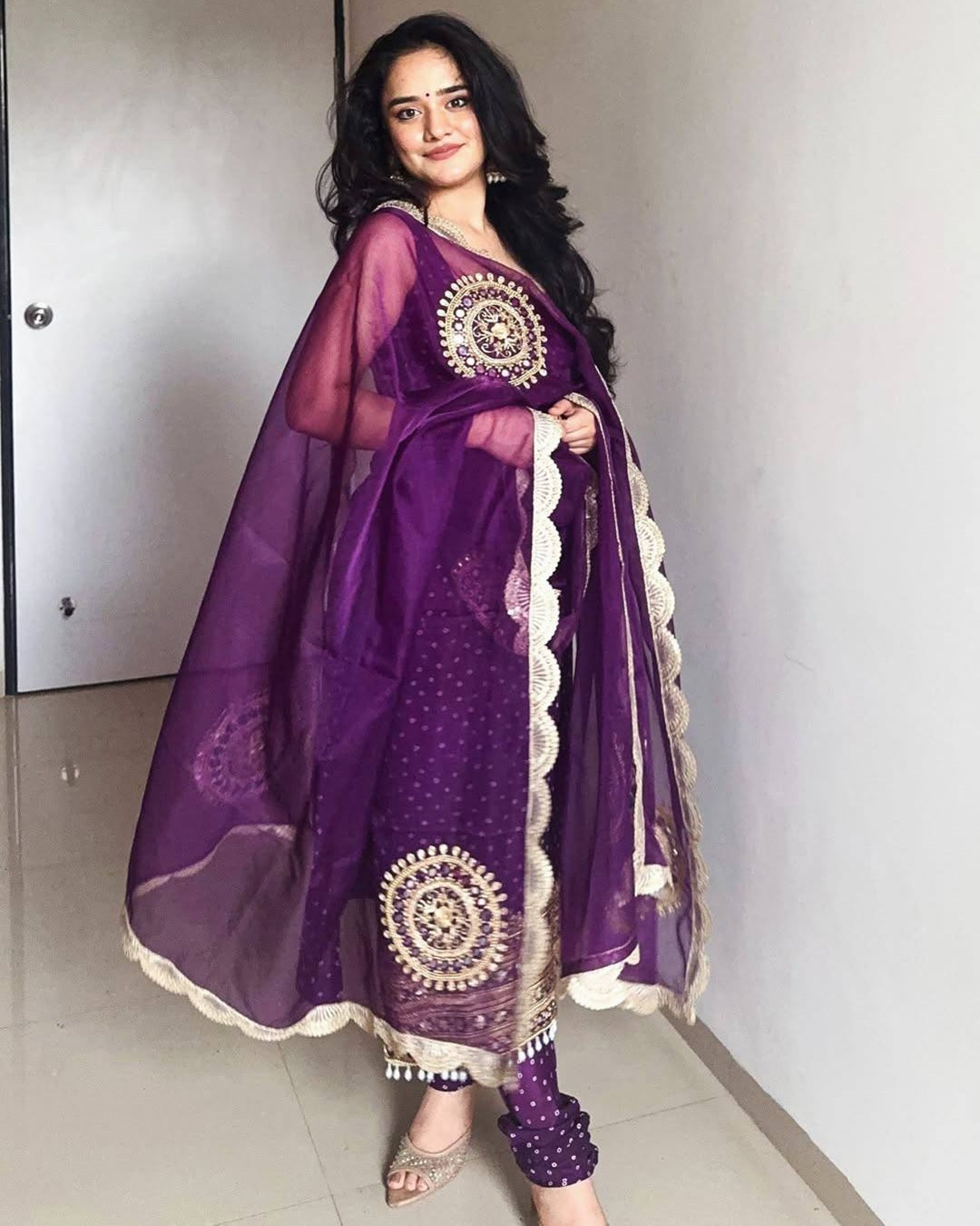 Purple Georgette Kurti Chudidar Dupatta Set – Embroidery, Pearl Moti & Real Mirror Handwork (3 Pieces)
