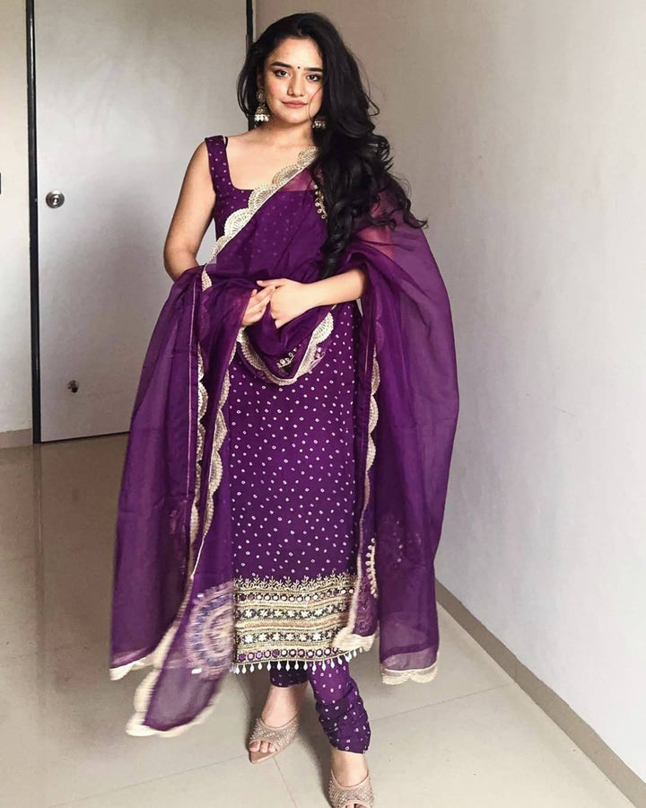 Purple Georgette Kurti Chudidar Dupatta Set – Embroidery, Pearl Moti & Real Mirror Handwork (3 Pieces)