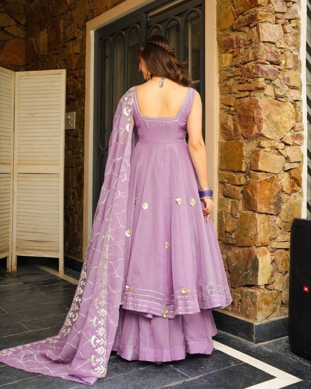Light Mauve Soft Crunchy Chiffon Anarkali with Hand Gotta Patti Work