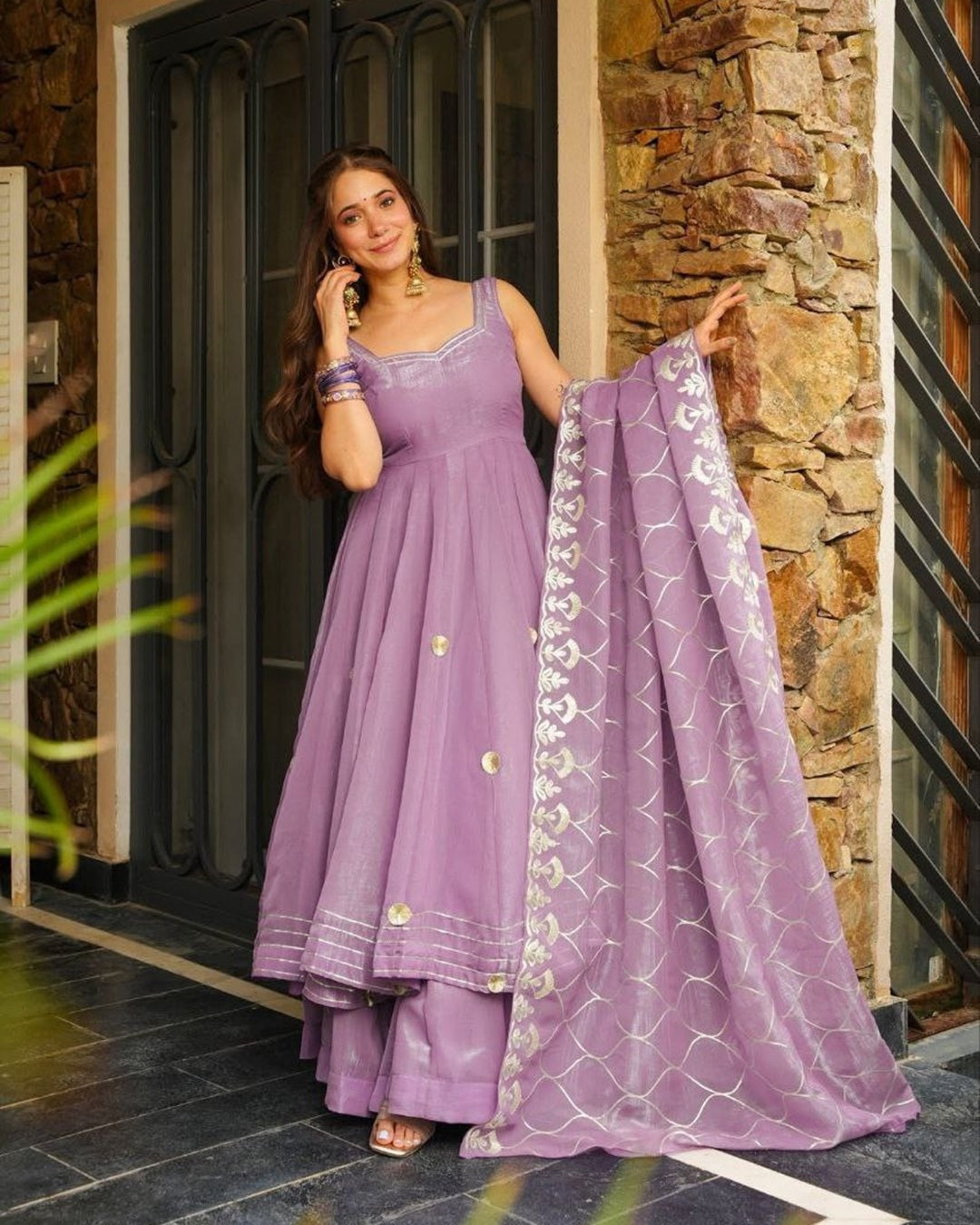 Light Mauve Soft Crunchy Chiffon Anarkali with Hand Gotta Patti Work