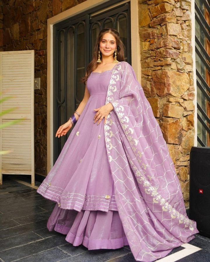 Light Mauve Soft Crunchy Chiffon Anarkali with Hand Gotta Patti Work