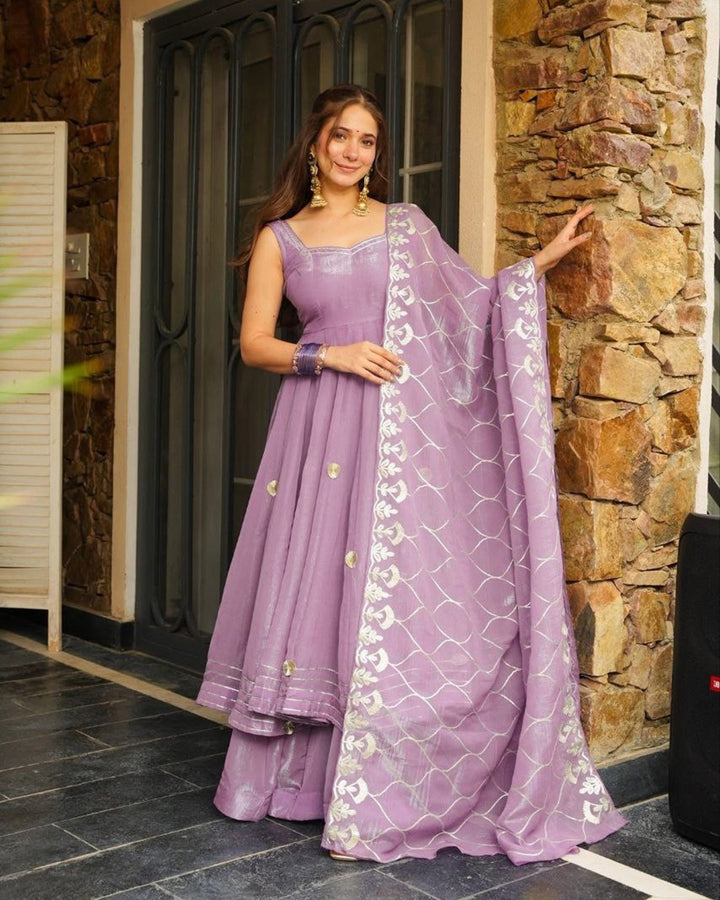 Light Mauve Soft Crunchy Chiffon Anarkali with Hand Gotta Patti Work
