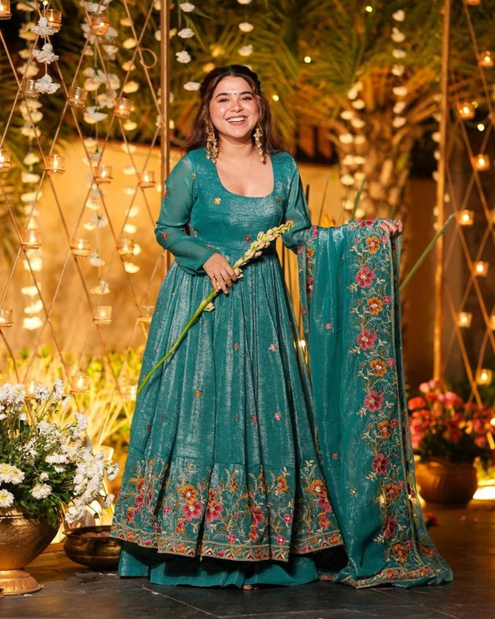 Rama Silk Gown Suit Set – Multi Embroidery & Sequin Work (3 Pieces)