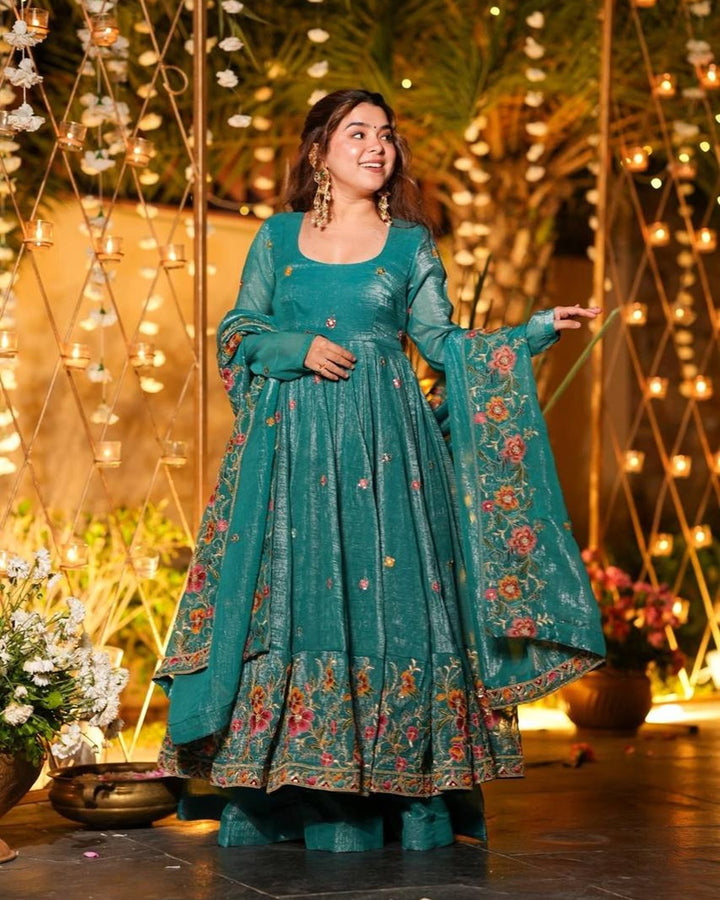 Rama Silk Gown Suit Set – Multi Embroidery & Sequin Work (3 Pieces)