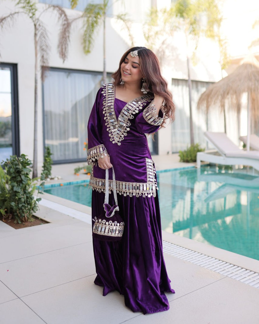 Purple Velvet Readymade Top Palazzo Set with Batwa & Real Mirror Work