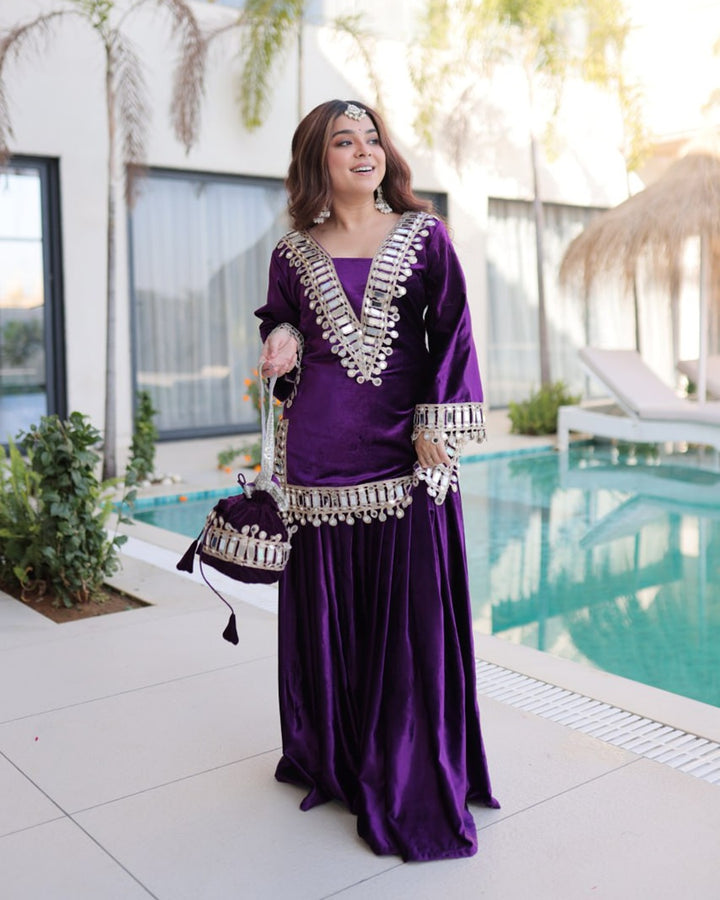 Purple Velvet Readymade Top Palazzo Set with Batwa & Real Mirror Work
