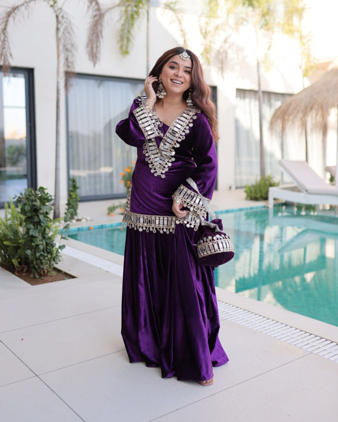 Purple Velvet Readymade Top Palazzo Set with Batwa & Real Mirror Work