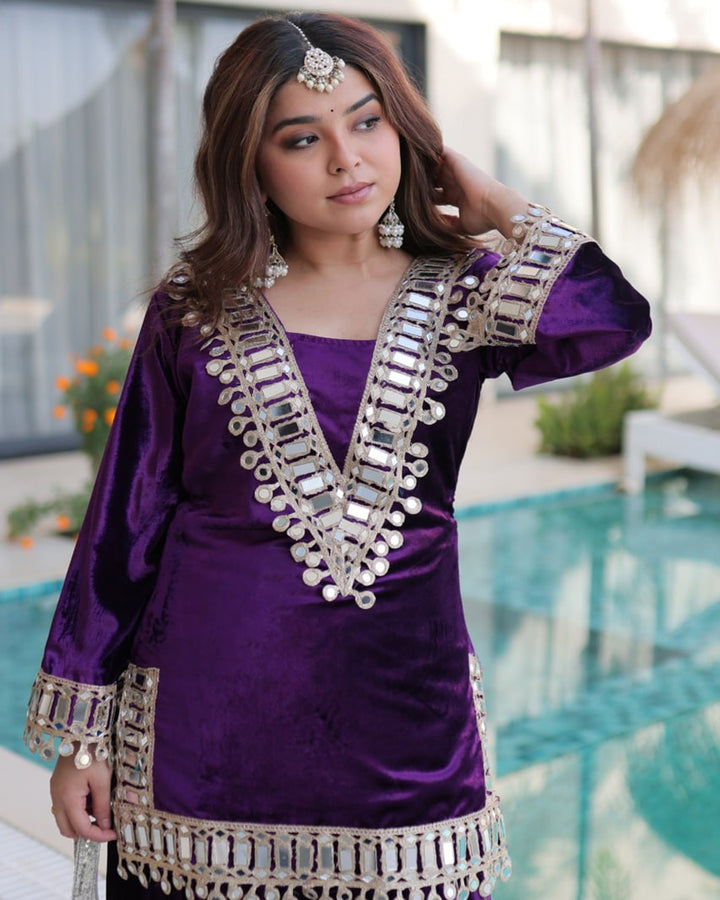 Purple Velvet Readymade Top Palazzo Set with Batwa & Real Mirror Work