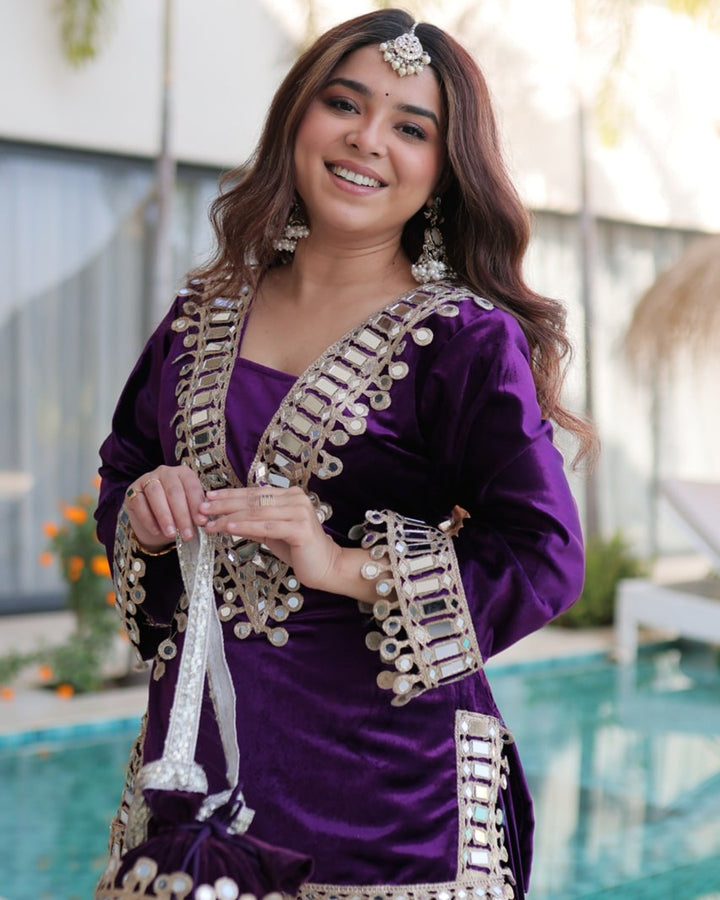 Purple Velvet Readymade Top Palazzo Set with Batwa & Real Mirror Work