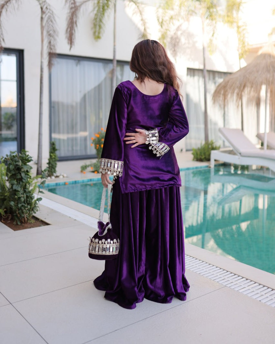 Purple Velvet Readymade Top Palazzo Set with Batwa & Real Mirror Work