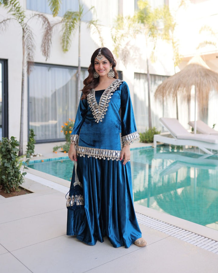 Rama Blue Velvet Readymade Top Palazzo Set with Batwa & Real Mirror Work