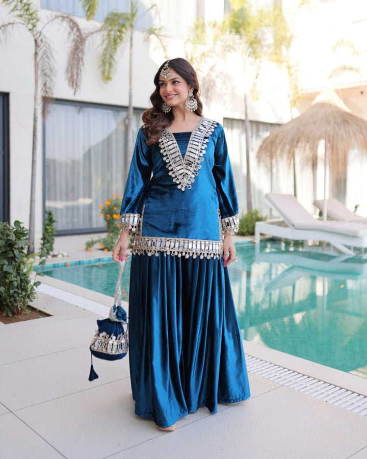Rama Blue Velvet Readymade Top Palazzo Set with Batwa & Real Mirror Work