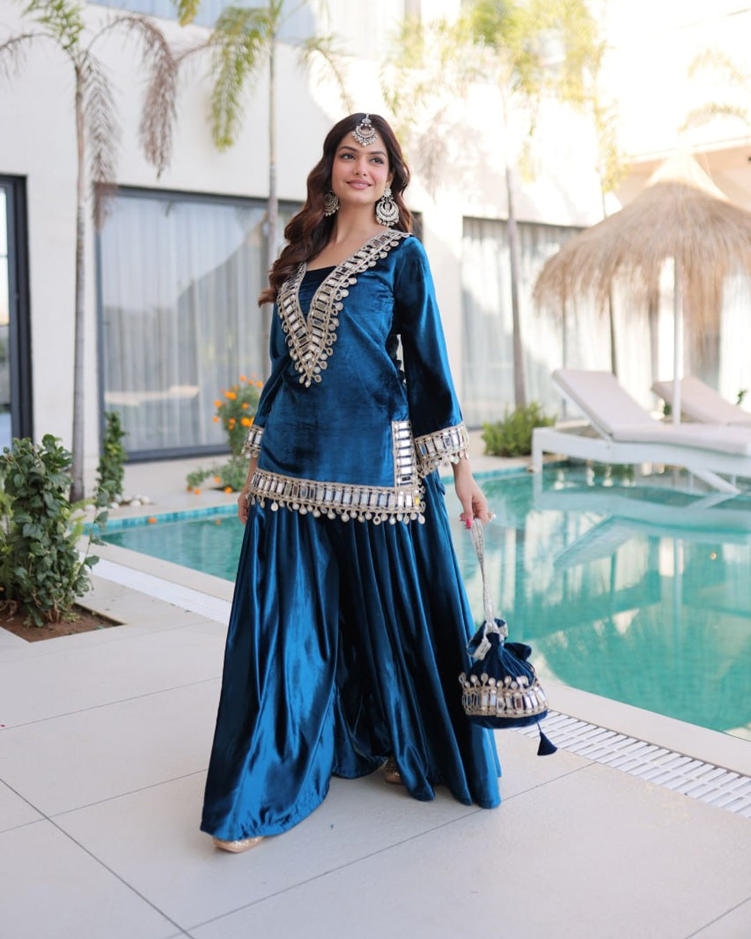 Rama Blue Velvet Readymade Top Palazzo Set with Batwa & Real Mirror Work