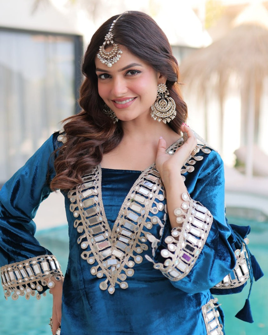 Rama Blue Velvet Readymade Top Palazzo Set with Batwa & Real Mirror Work