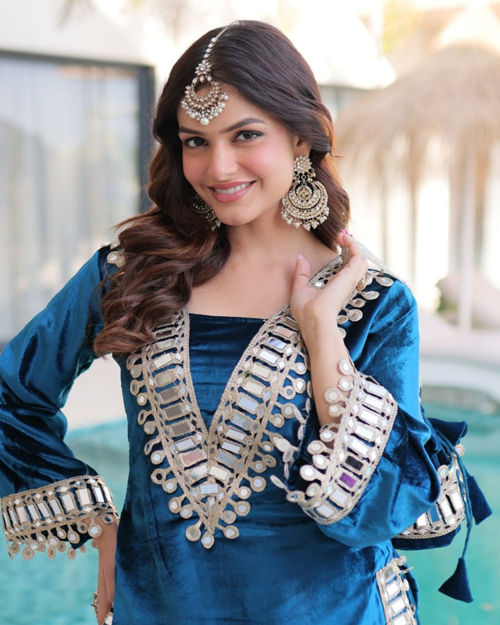 Rama Blue Velvet Readymade Top Palazzo Set with Batwa & Real Mirror Work