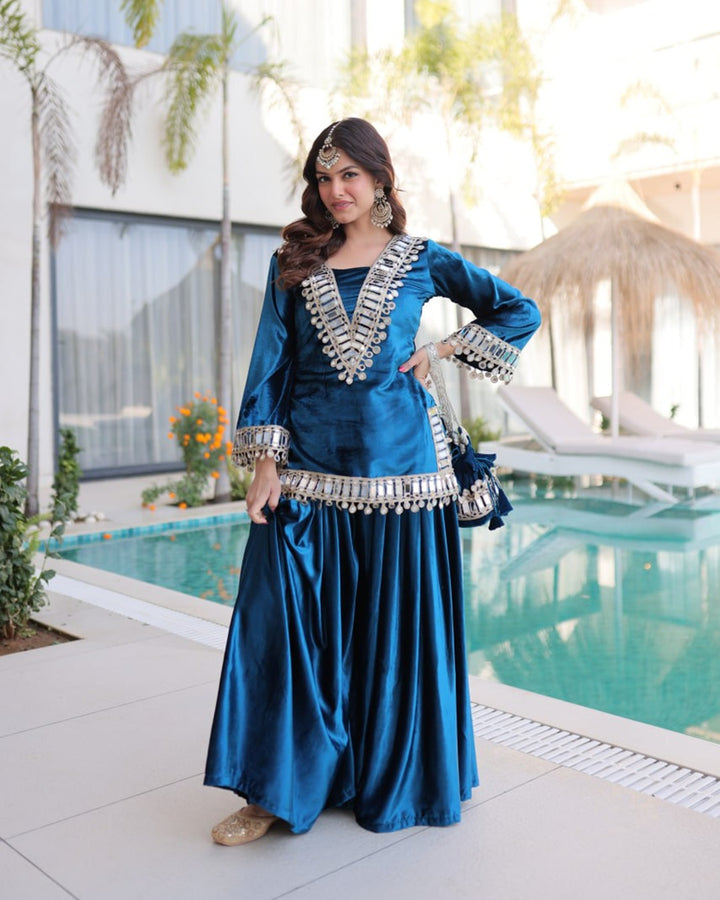 Rama Blue Velvet Readymade Top Palazzo Set with Batwa & Real Mirror Work