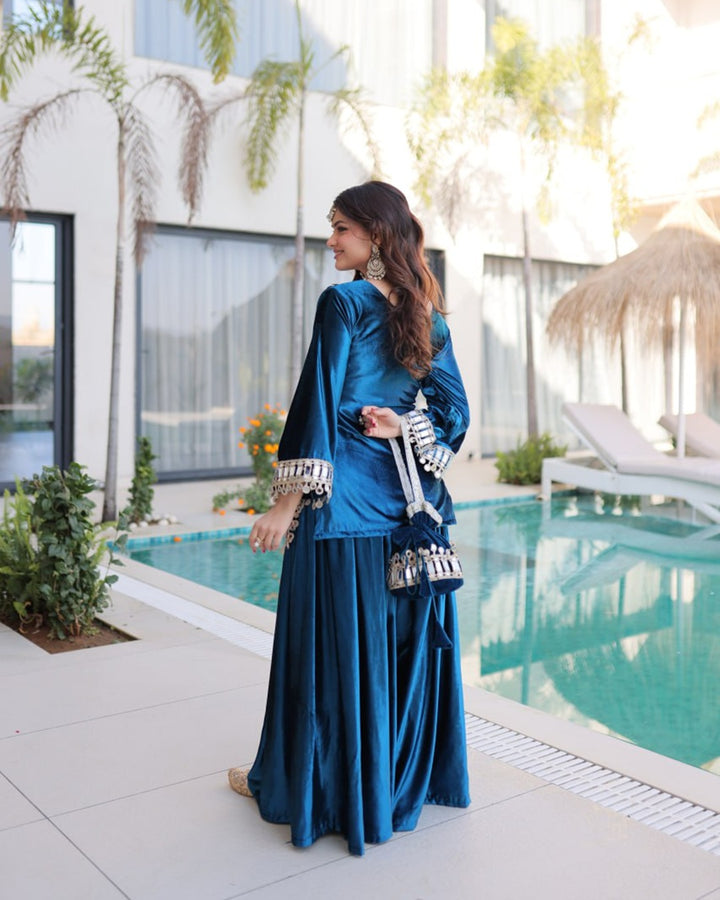 Rama Blue Velvet Readymade Top Palazzo Set with Batwa & Real Mirror Work