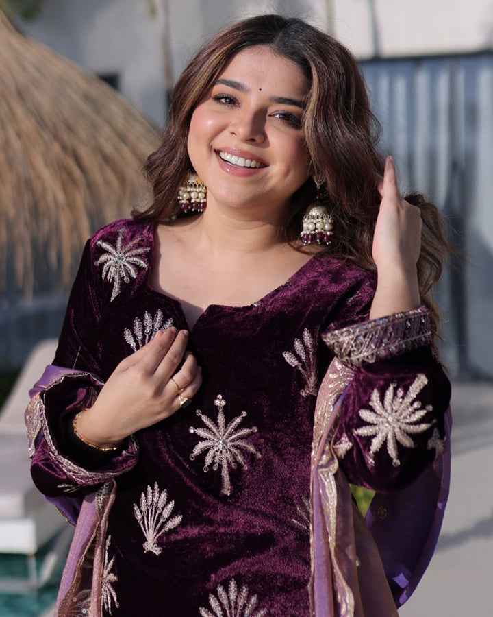 Wine Color Ice Velvet Embroidered Palazzo Suit for Women