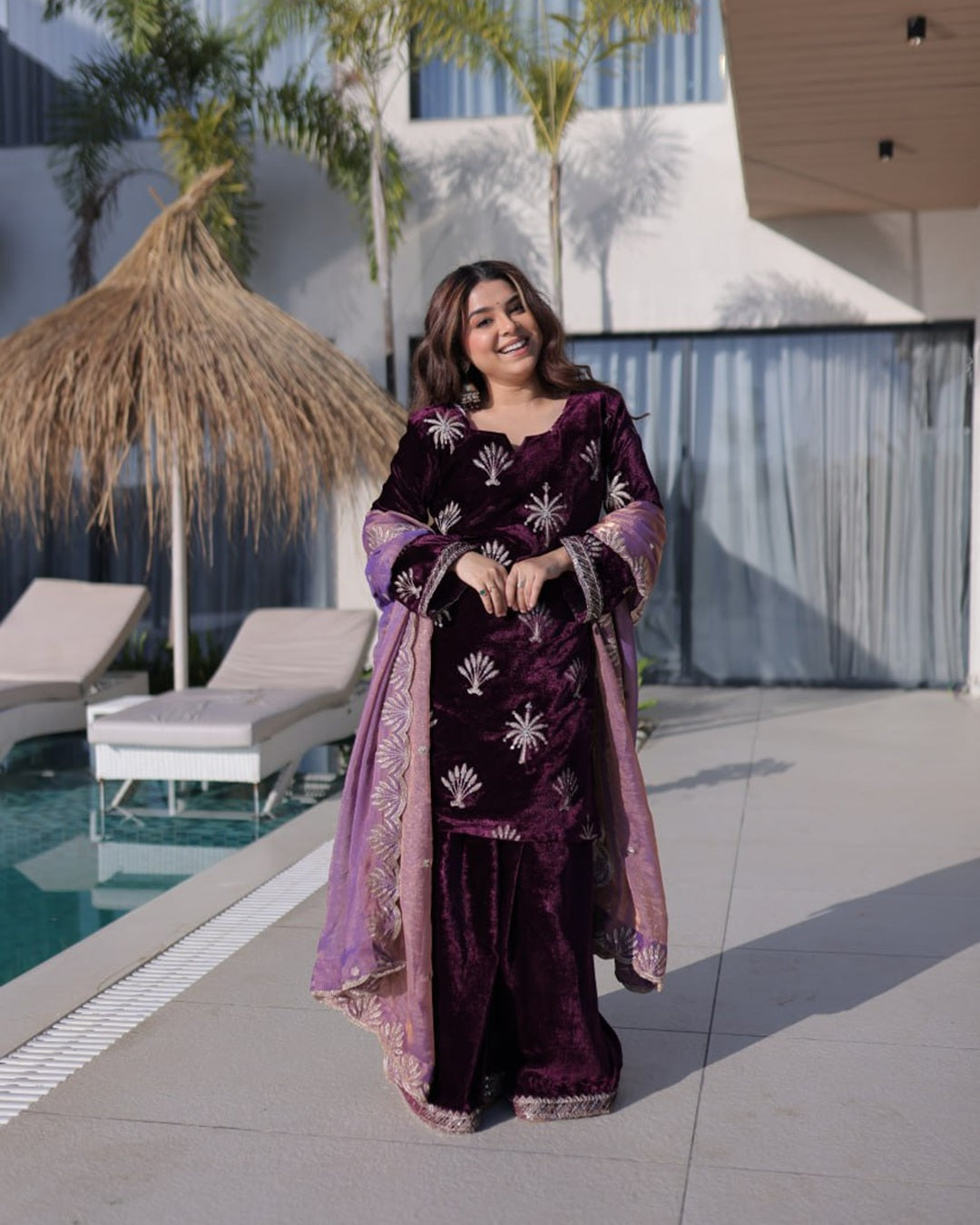Wine Color Ice Velvet Embroidered Palazzo Suit for Women