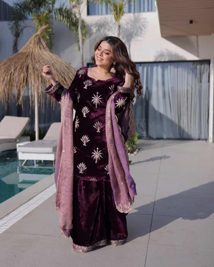 Wine Color Ice Velvet Embroidered Palazzo Suit for Women