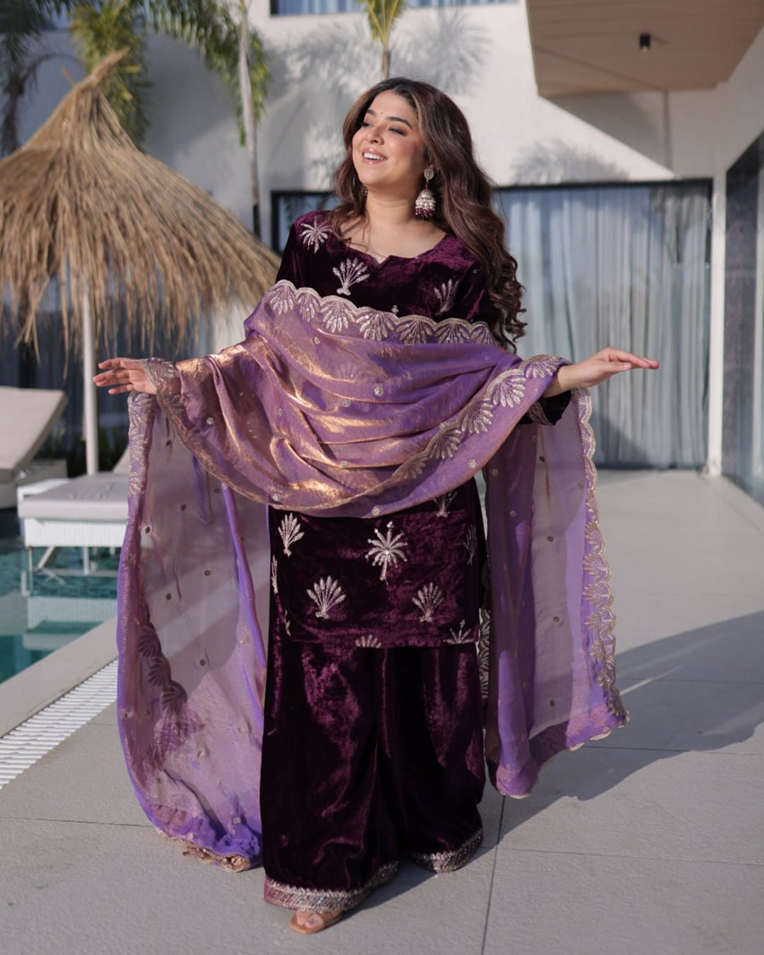 Wine Color Ice Velvet Embroidered Palazzo Suit for Women