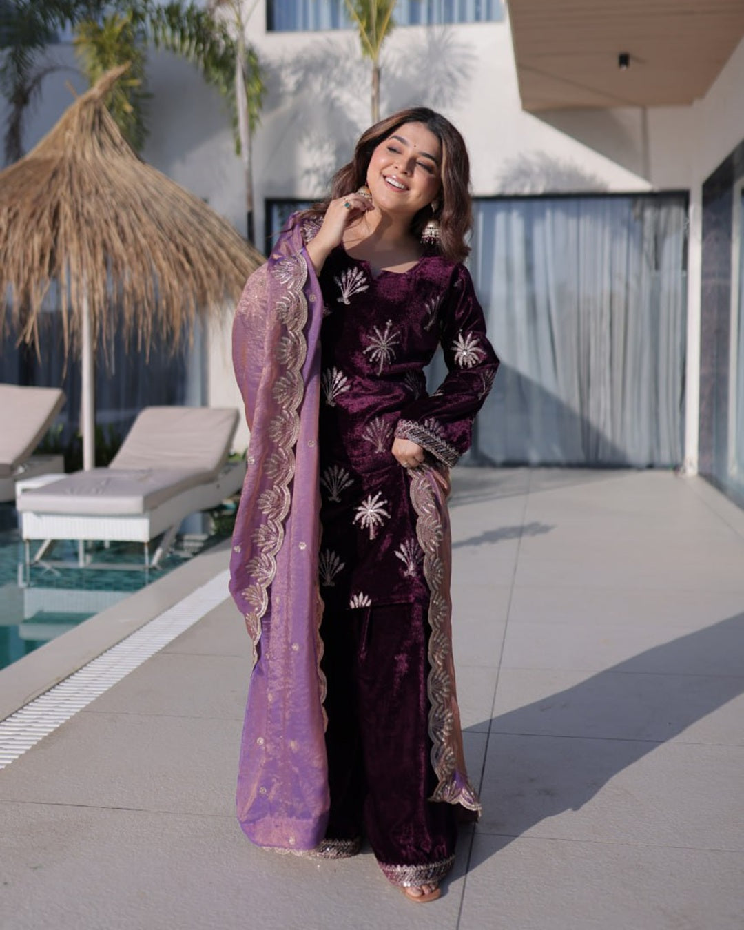 Wine Color Ice Velvet Embroidered Palazzo Suit for Women