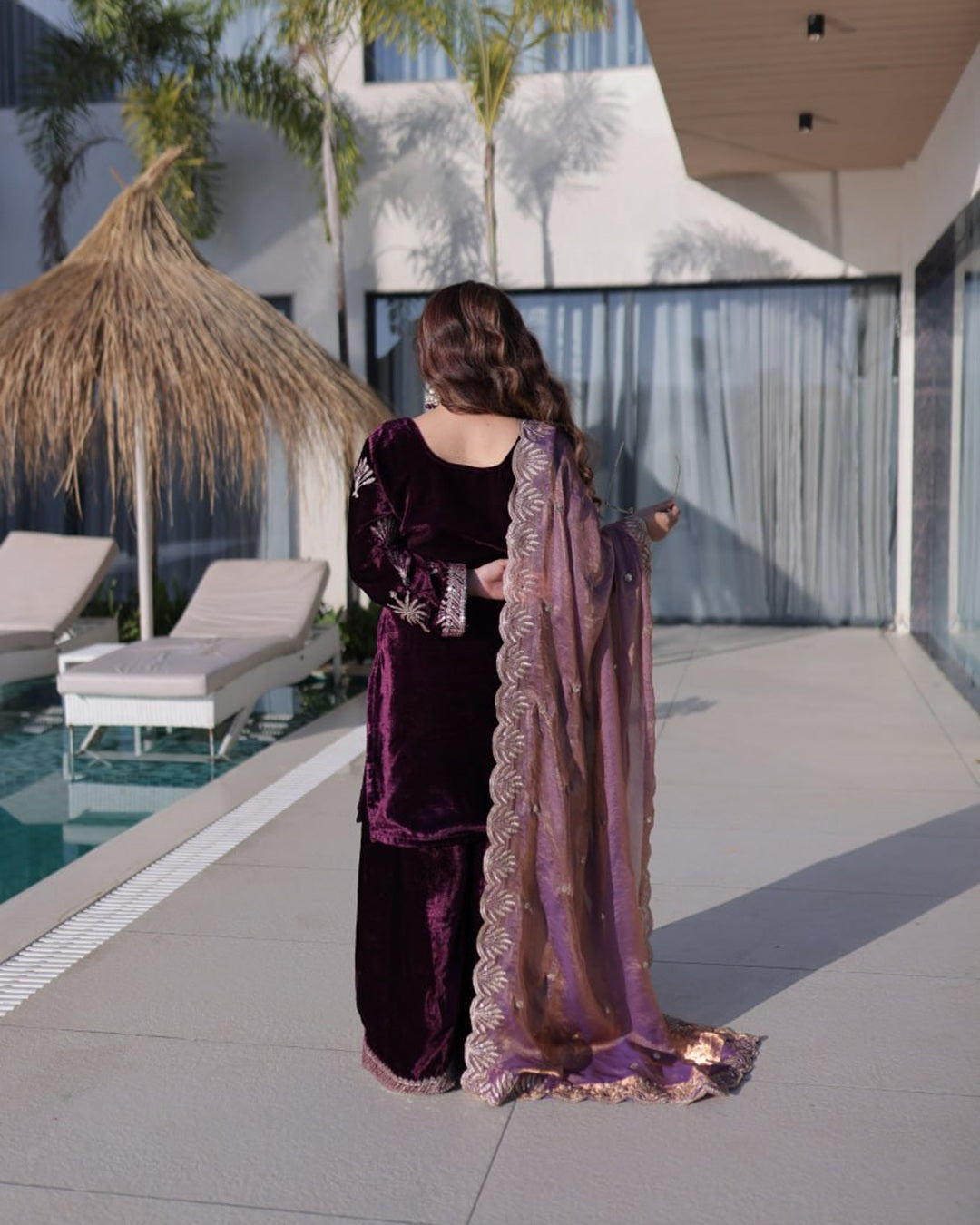 Wine Color Ice Velvet Embroidered Palazzo Suit for Women