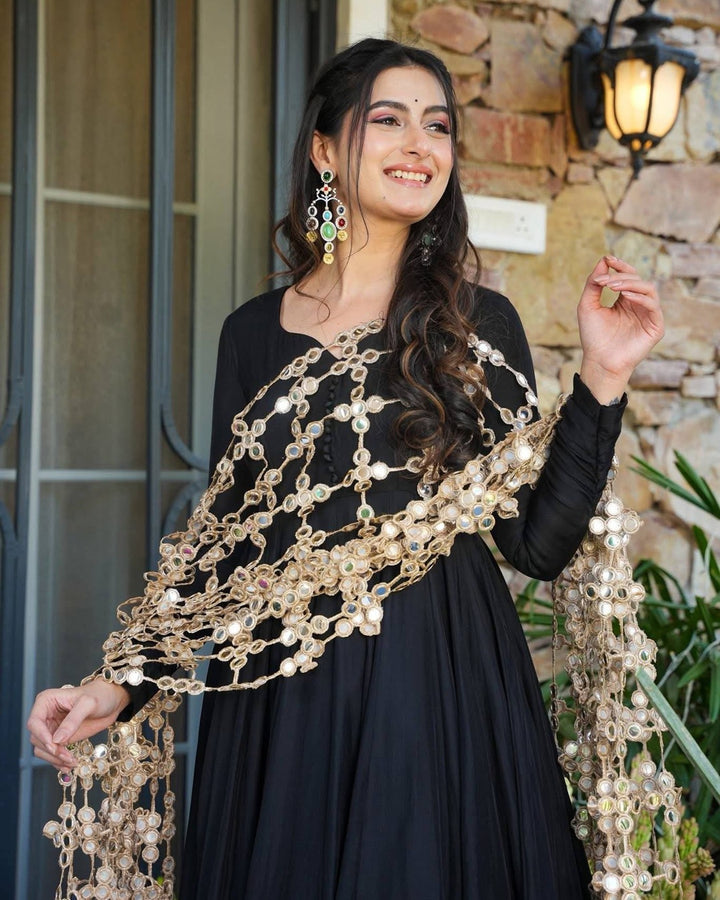Black Roman Silk 3 Piece Set with Embroidery & Real Mirror Work | Superhit Trending Outfit