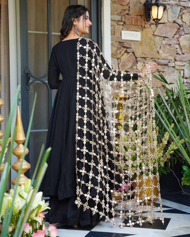 Black Roman Silk 3 Piece Set with Embroidery & Real Mirror Work | Superhit Trending Outfit