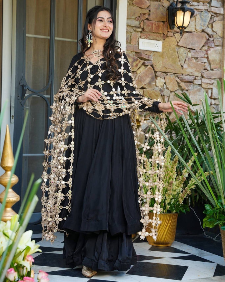 Black Roman Silk 3 Piece Set with Embroidery & Real Mirror Work | Superhit Trending Outfit