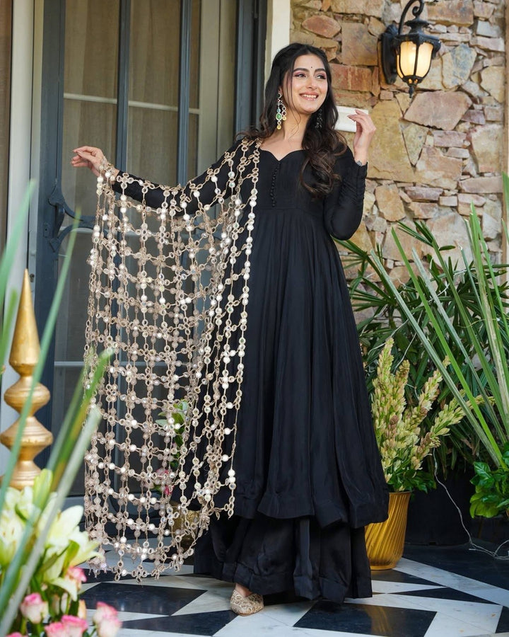 Black Roman Silk 3 Piece Set with Embroidery & Real Mirror Work | Superhit Trending Outfit