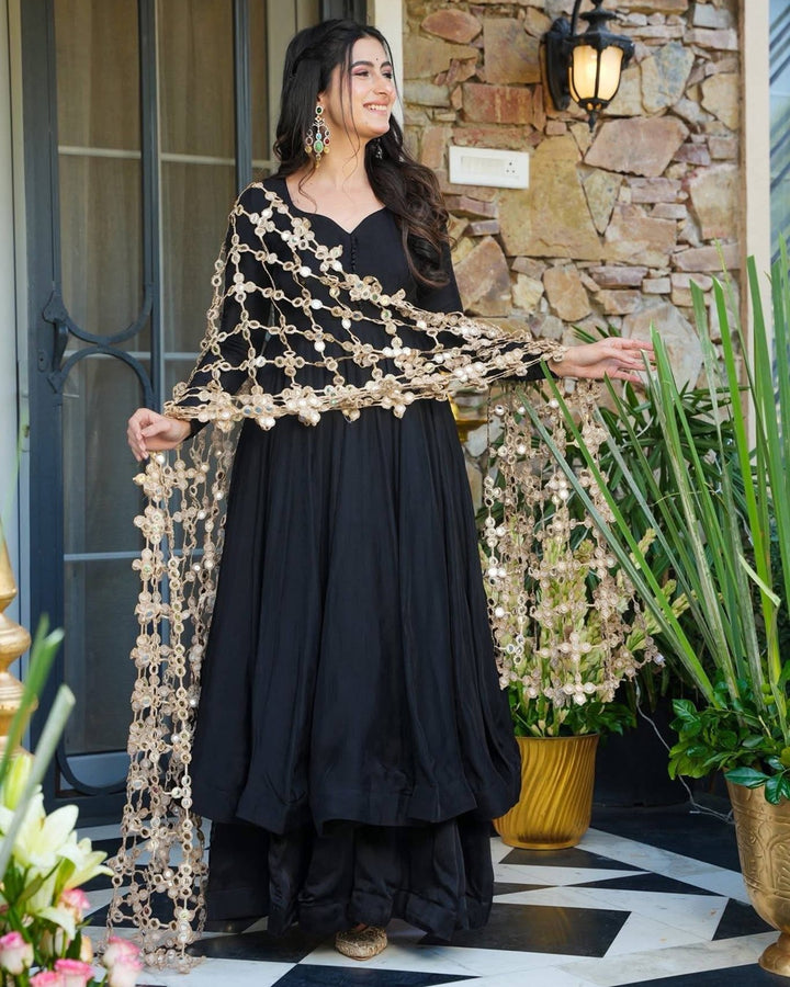Black Roman Silk 3 Piece Set with Embroidery & Real Mirror Work | Superhit Trending Outfit