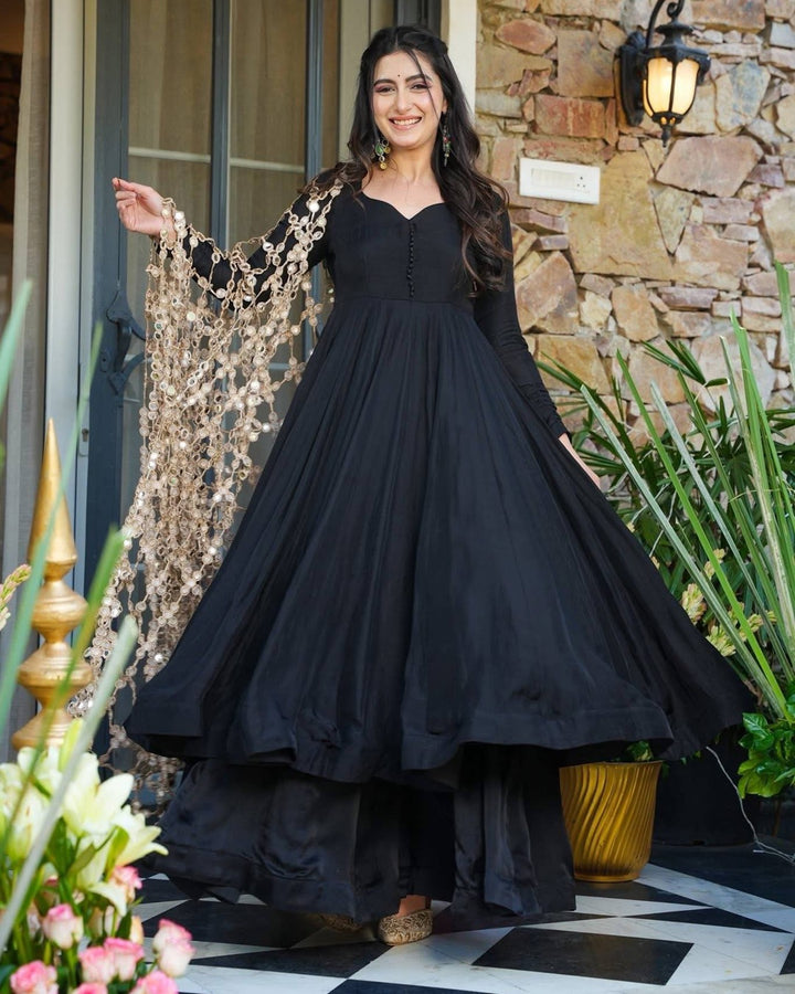 Black Roman Silk 3 Piece Set with Embroidery & Real Mirror Work | Superhit Trending Outfit
