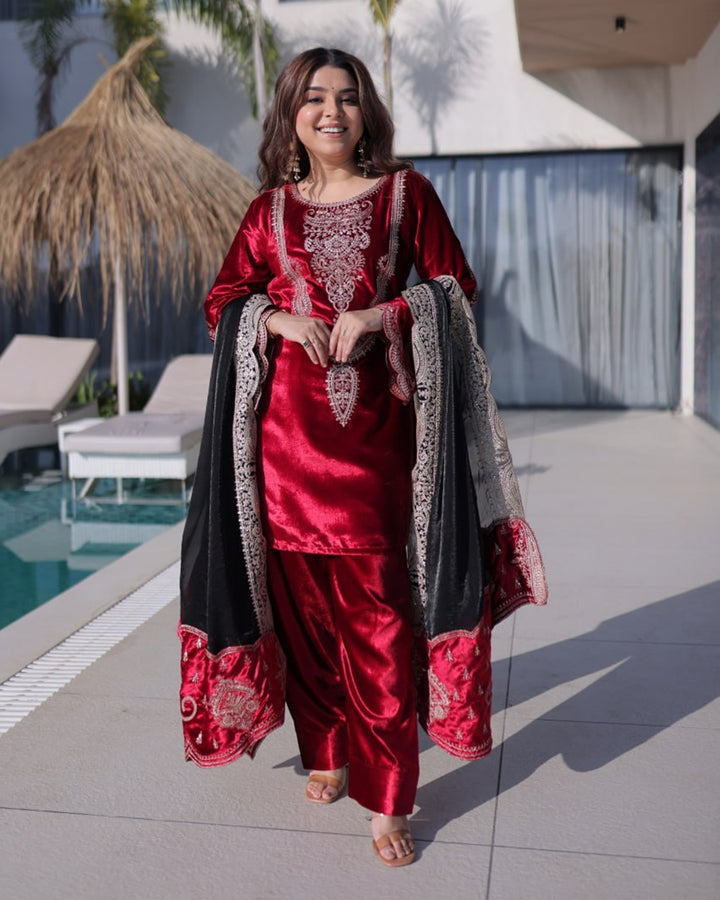 Rose Wine Ice Velvet Ready-Made Top Pant with Dupatta | Rich Zari Embroidered Work