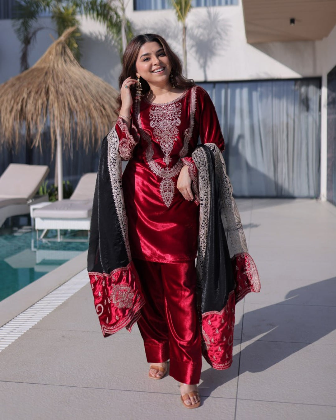 Rose Wine Ice Velvet Ready-Made Top Pant with Dupatta | Rich Zari Embroidered Work