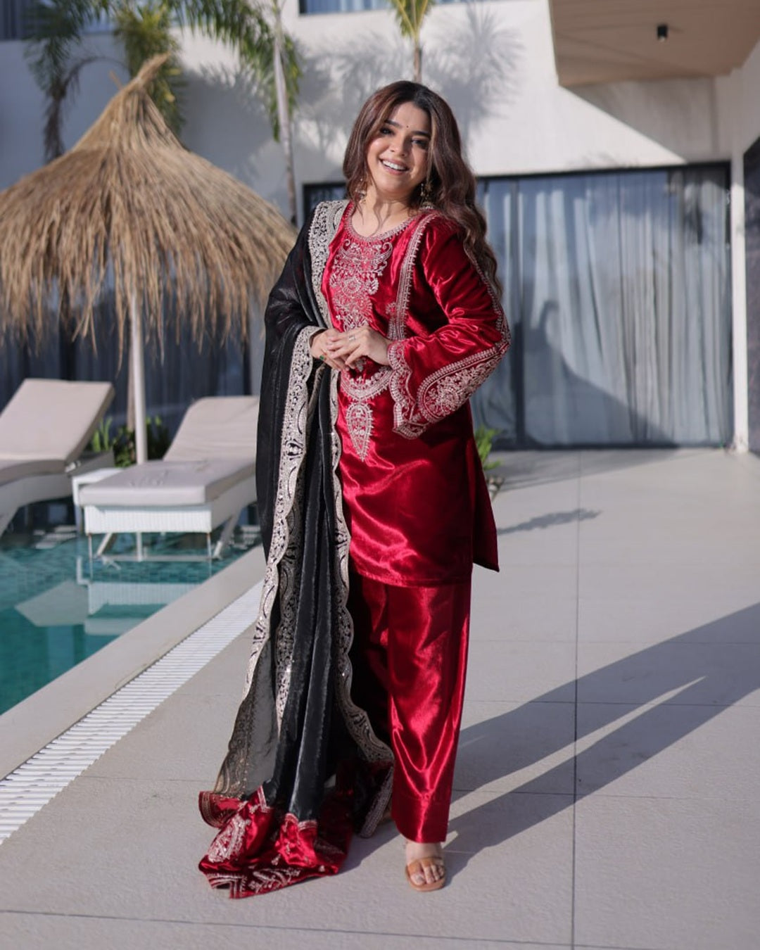 Rose Wine Ice Velvet Ready-Made Top Pant with Dupatta | Rich Zari Embroidered Work