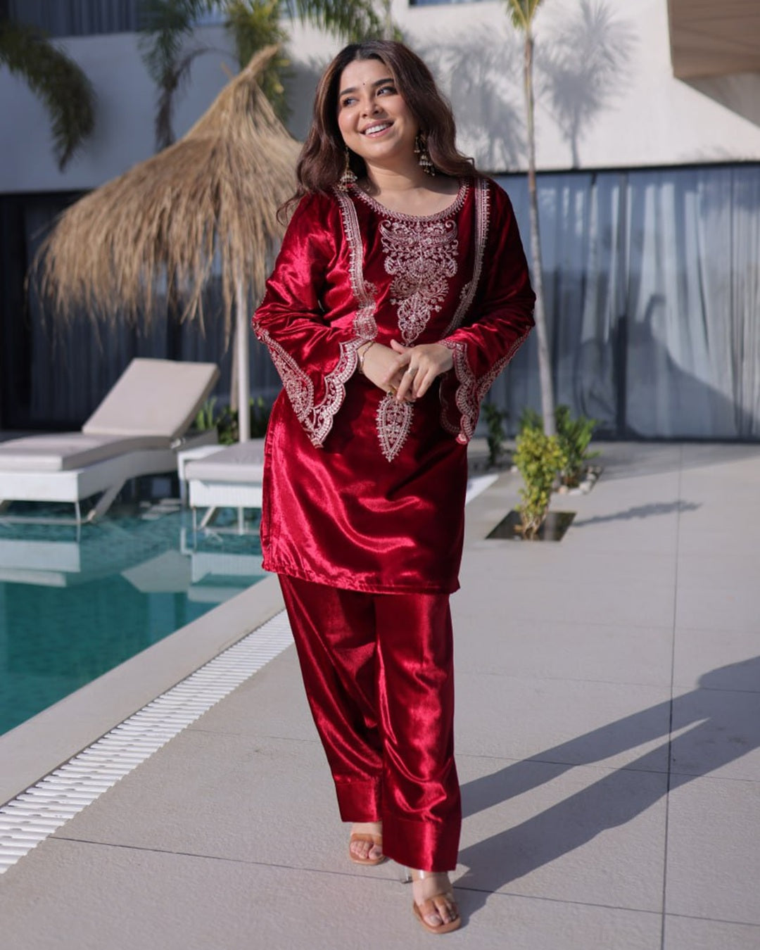 Rose Wine Ice Velvet Ready-Made Top Pant with Dupatta | Rich Zari Embroidered Work