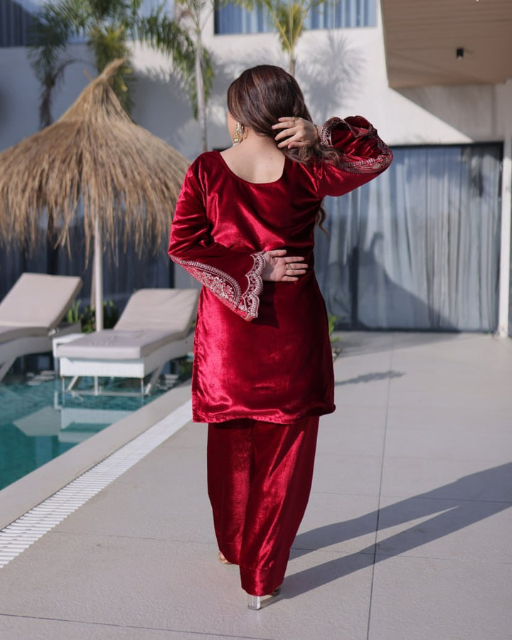 Rose Wine Ice Velvet Ready-Made Top Pant with Dupatta | Rich Zari Embroidered Work