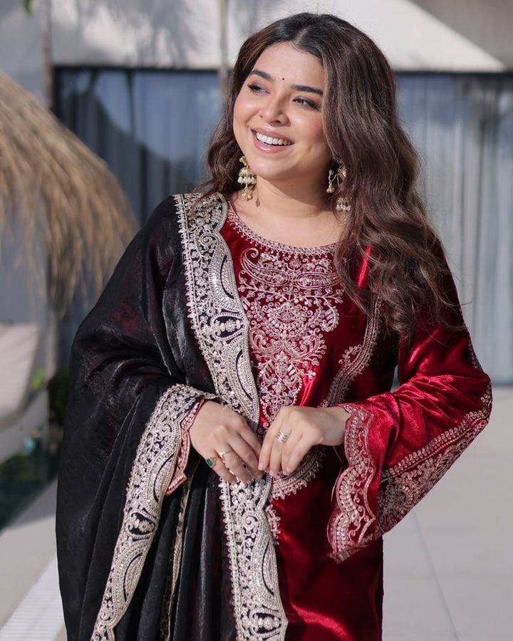 Rose Wine Ice Velvet Ready-Made Top Pant with Dupatta | Rich Zari Embroidered Work