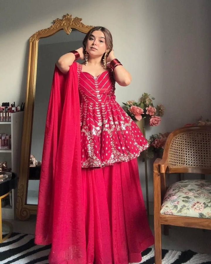 Pink Faux Blooming Fabric Sharara Slit Suit Set – 3 Pieces