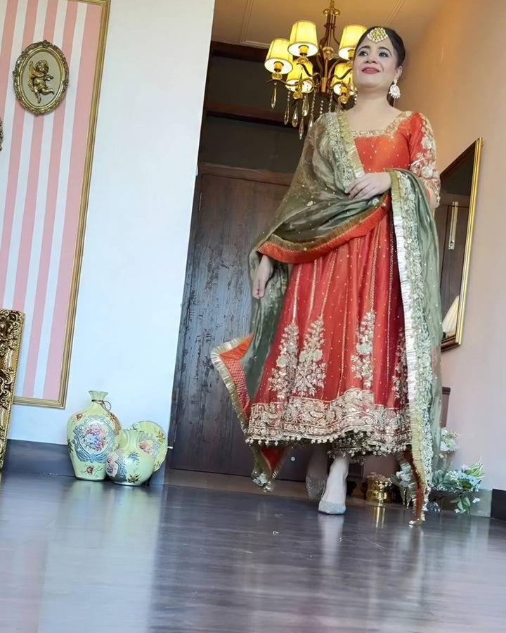 Orange Satin Anarkali Suit Set (3 Piece)