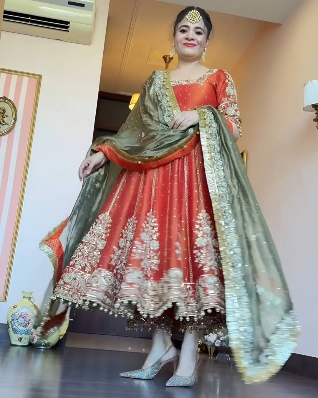 Orange Satin Anarkali Suit Set (3 Piece)