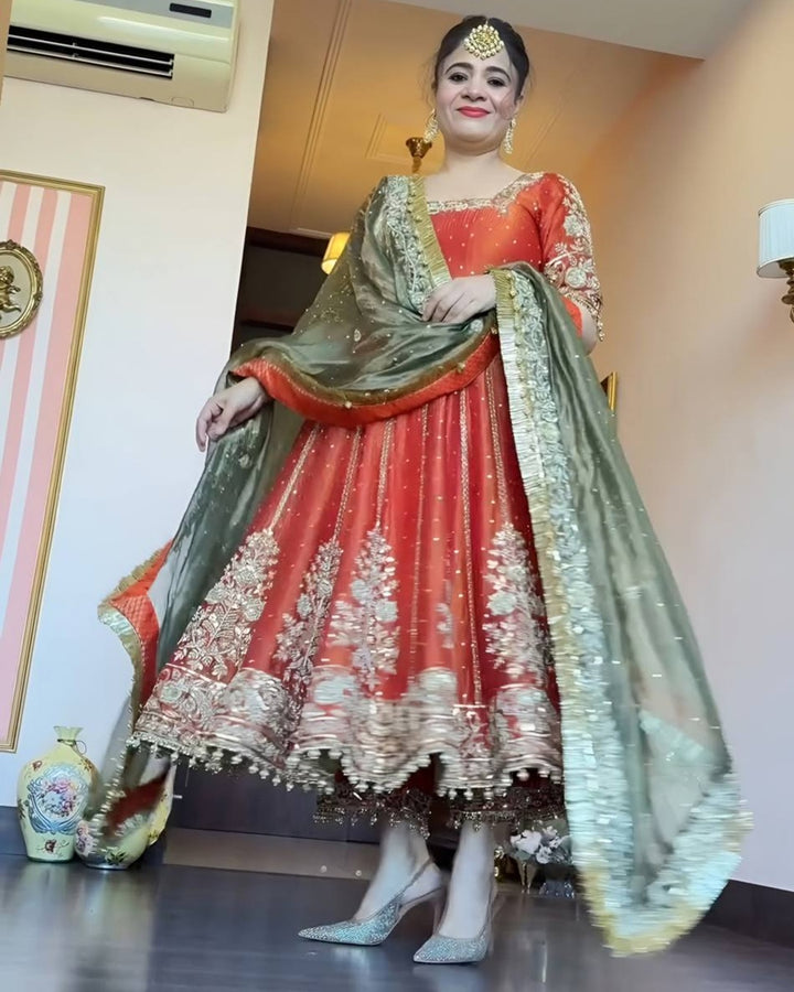 Orange Satin Anarkali Suit Set (3 Piece)